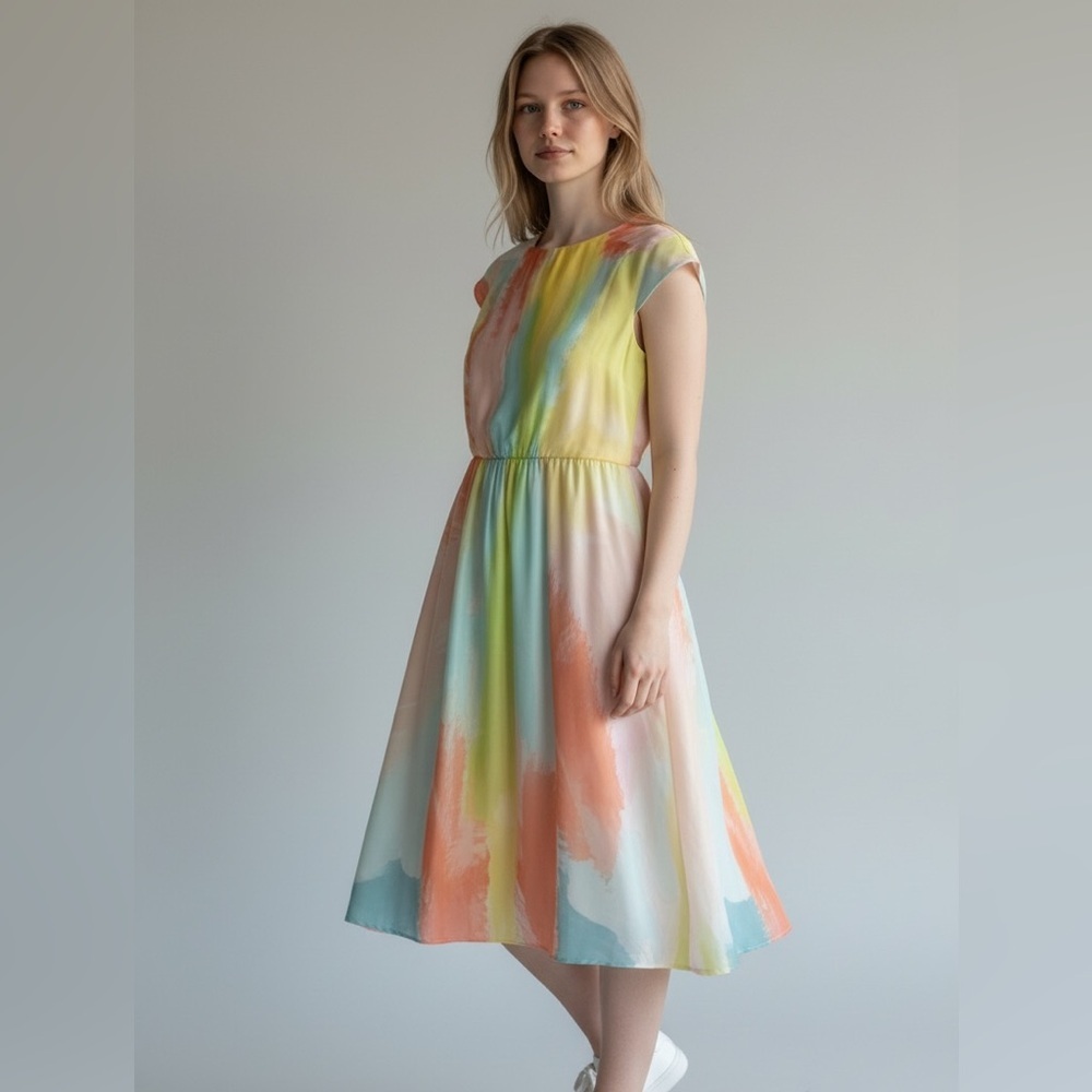 Vince Camuto dress, size 4.  Pastel colors draped and pleated.  Fully lined.